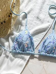 Costavie Summer Vacation Random Print Blue Floral Shell Decor Halter Triangle Cup Bra Sexy Tropical One-Piece Swimwear Top Beach Party - Baby Blue - View 4