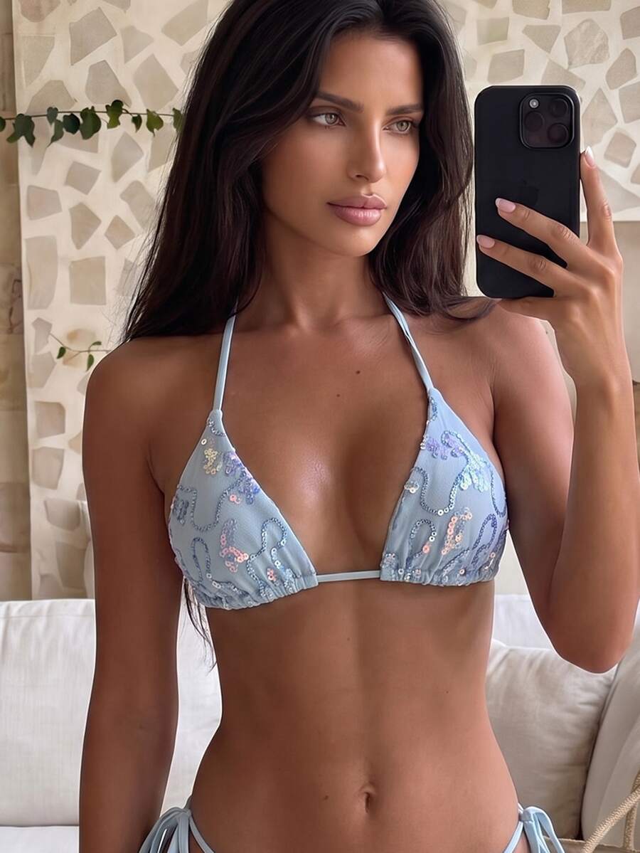 Costavie Summer Vacation Random Print Blue Floral Shell Decor Halter Triangle Cup Bra Sexy Tropical One-Piece Swimwear Top Beach Party - Baby Blue - View 1
