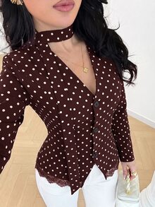 Modelyn 女款V領波點休閒日常穿著襯衫 - 咖啡棕 - 查看 6