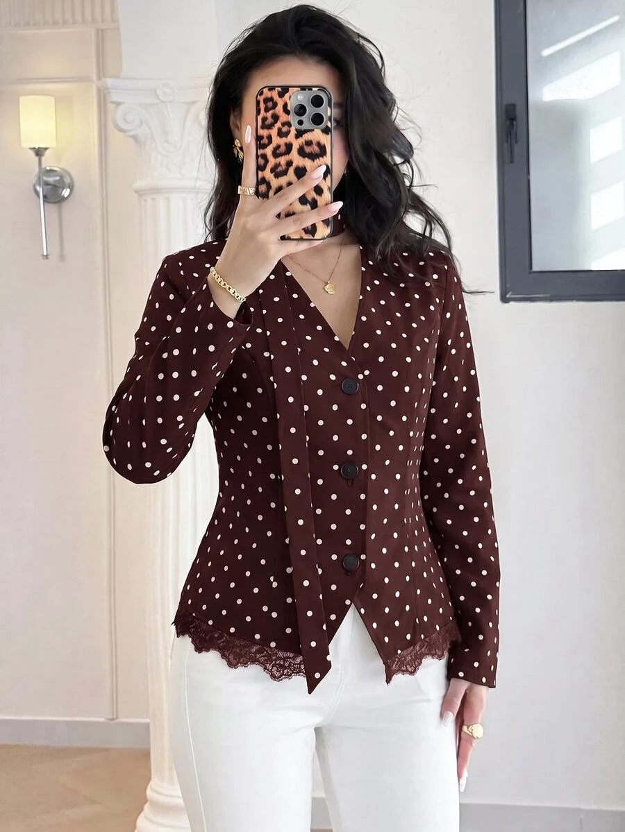 Modelyn 女款V領波點休閒日常穿著襯衫 - 咖啡棕 - 查看 1