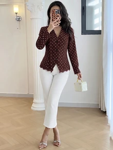 Modelyn 女款V領波點休閒日常穿著襯衫 - 咖啡棕 - 查看 3