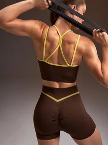 Powerista Set Bra Olahraga Tanpa Jahitan dan Celana Pendek Bersepeda Wanita Musim Semi & Musim Panas Warna Cokelat dengan Detail Tali dan Pinggang Kuning Neon, Sempurna untuk Yoga dan Gym - Coklat - View 9
