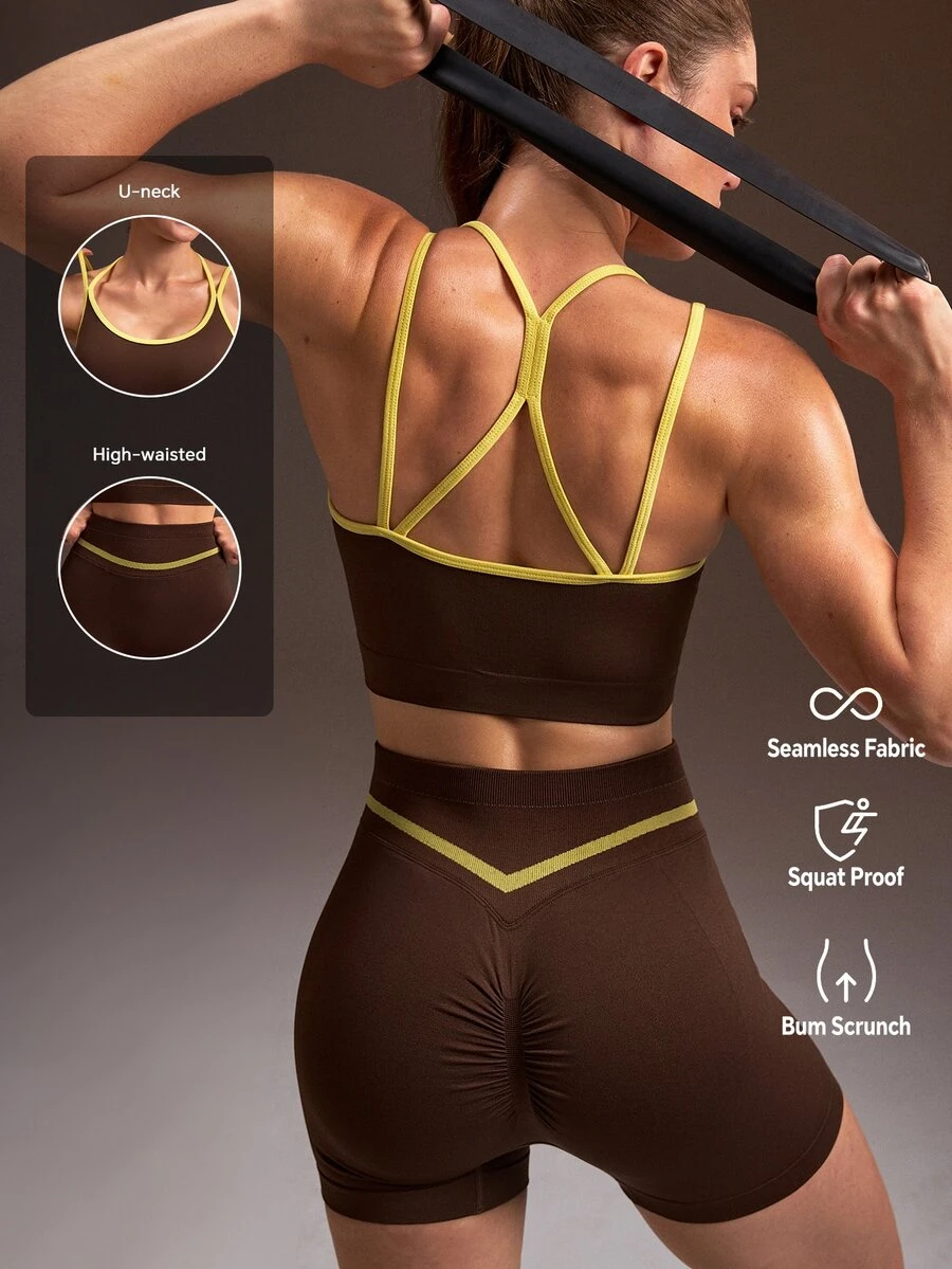 Powerista Set Bra Olahraga Tanpa Jahitan dan Celana Pendek Bersepeda Wanita Musim Semi & Musim Panas Warna Cokelat dengan Detail Tali dan Pinggang Kuning Neon, Sempurna untuk Yoga dan Gym - Coklat - View 1