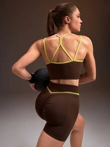 Powerista Set Bra Olahraga Tanpa Jahitan dan Celana Pendek Bersepeda Wanita Musim Semi & Musim Panas Warna Cokelat dengan Detail Tali dan Pinggang Kuning Neon, Sempurna untuk Yoga dan Gym - Coklat - View 7