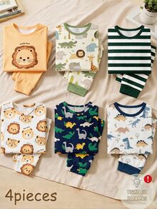 Bubblio Set Piyama Anak Laki-Laki Balita 4pcs Motif Garis Kecil Musim Gugur/Dingin, Potongan Pas Sederhana, Dekorasi Motif Kerah Bulat, Lengan Panjang, + Celana Piyama, Ulang Tahun - MultiWarna - View 2