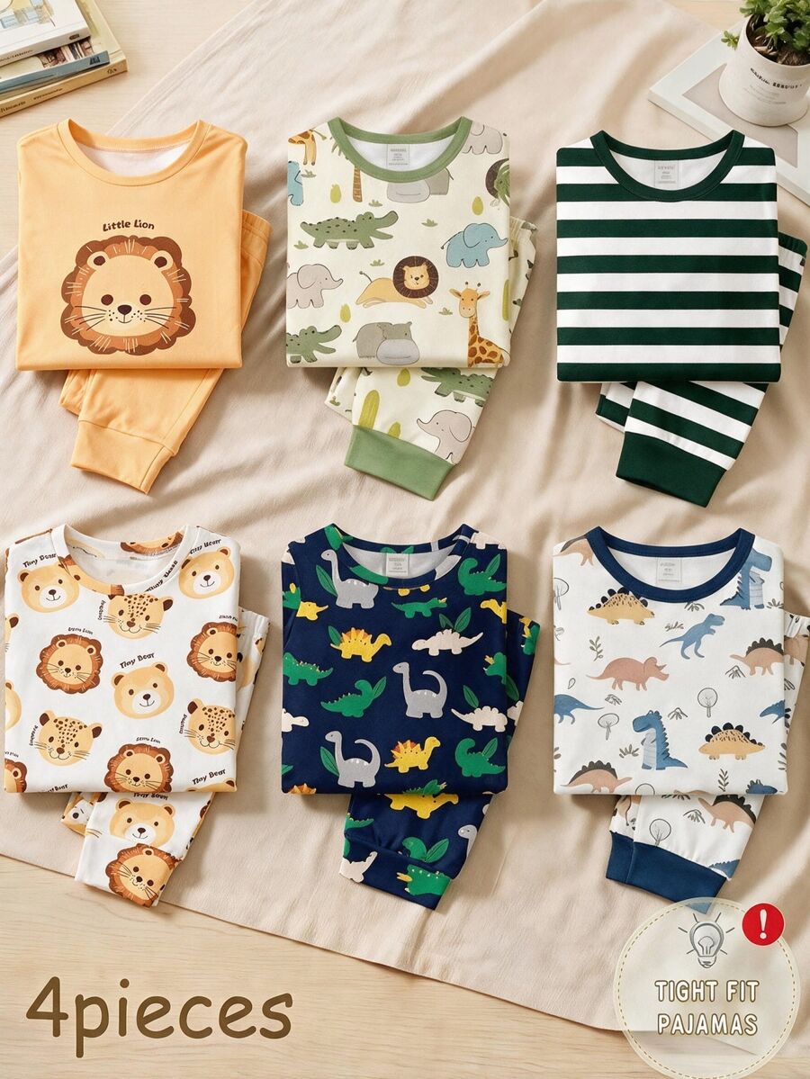 Bubblio Set Piyama Anak Laki-Laki Balita 4pcs Motif Garis Kecil Musim Gugur/Dingin, Potongan Pas Sederhana, Dekorasi Motif Kerah Bulat, Lengan Panjang, + Celana Piyama, Ulang Tahun