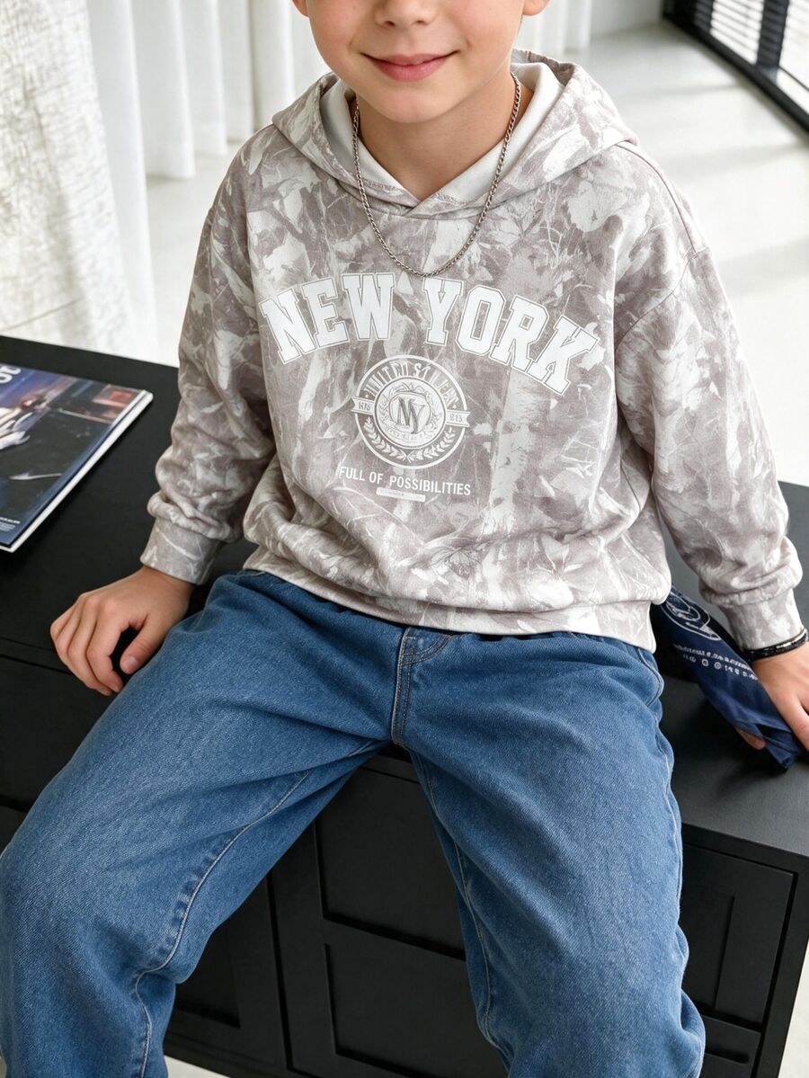 SHEIN 兒童小男孩休閒連帽衛衣，嘻哈搖滾塗鴉運動風，寬鬆舒適秋冬運動衫，生日、假期、親子穿搭