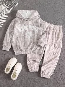 SHEIN 兒童小男孩休閒連帽衛衣，嘻哈搖滾塗鴉運動風，寬鬆舒適秋冬運動衫，生日、假期、親子穿搭 - 彩色 - 查看 5