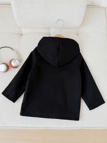 SHEIN 小男孩寬鬆版型學院風連帽保暖內裡雙排扣羊毛大衣，連帽衫，生日，開學第一天 - 黑色 - 查看 3