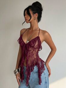 Aloruh 修身蕾丝薄纱长缎带设计不对称下摆女士吊带背心 - 酒紅色 - 查看 7