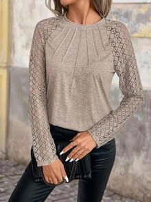 Brillora Contrast Lace Raglan Sleeve Seam Detail Round Neck Tee Winter Brown Casual Spring - Khaki - View 3