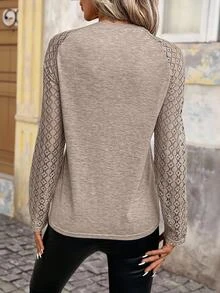 Brillora Contrast Lace Raglan Sleeve Seam Detail Round Neck Tee Winter Brown Casual Spring - Khaki - View 2
