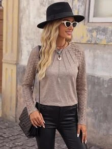 Brillora Contrast Lace Raglan Sleeve Seam Detail Round Neck Tee Winter Brown Casual Spring - Khaki - View 4