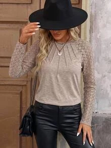 Brillora Contrast Lace Raglan Sleeve Seam Detail Round Neck Tee Winter Brown Casual Spring - Khaki - View 5