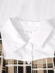 SHEIN 女童襯衫領拼接格紋學院風鈕扣式泡泡長袖上衣搭配鬆緊腰百褶裙，適合春秋校園穿著 - 卡其色 - 查看 5