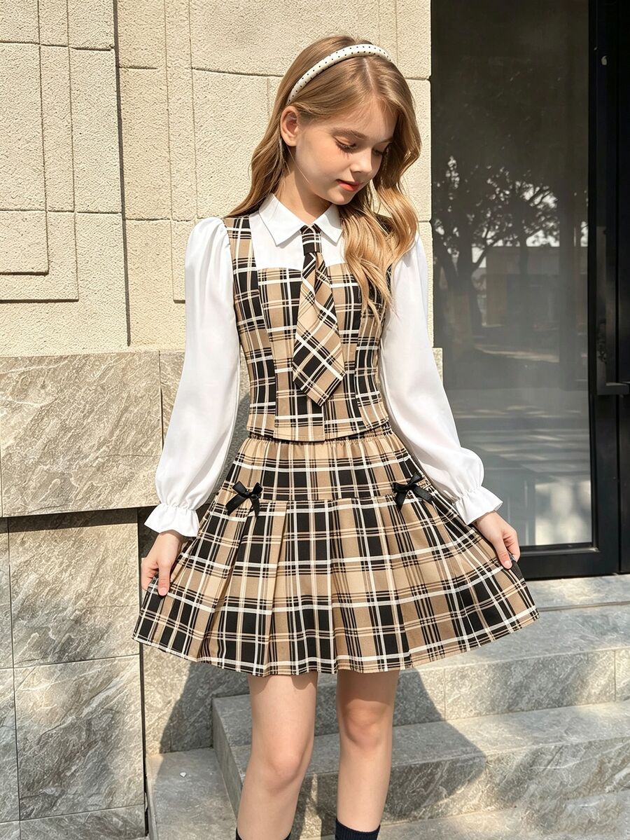 SHEIN 女童襯衫領拼接格紋學院風鈕扣式泡泡長袖上衣搭配鬆緊腰百褶裙，適合春秋校園穿著