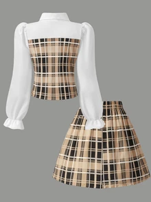 SHEIN 女童襯衫領拼接格紋學院風鈕扣式泡泡長袖上衣搭配鬆緊腰百褶裙，適合春秋校園穿著 - 卡其色 - 查看 3