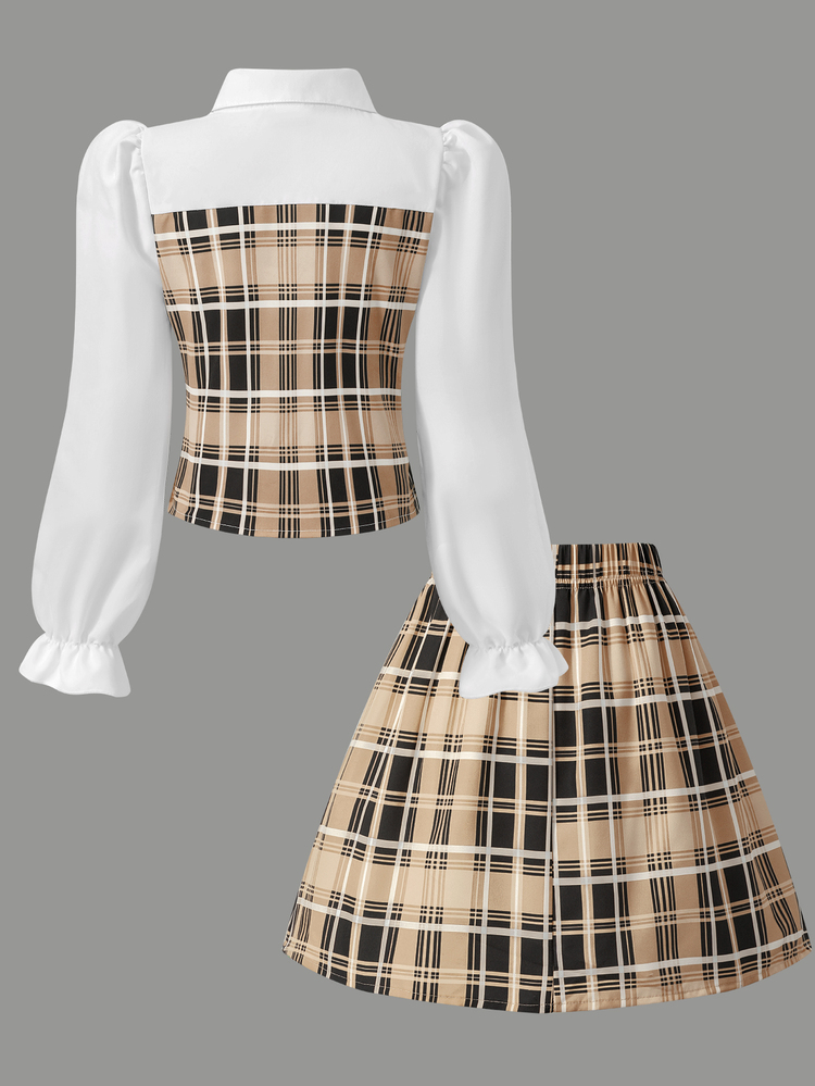 SHEIN Elladie kids Girls' Shirt Collar Patchwork Plaid College Style Button-Up Puff Long Sleeve Top With Elastic Waist Pleated Skirt, Suitable For Spring/Autumn School - Khaki - View 2