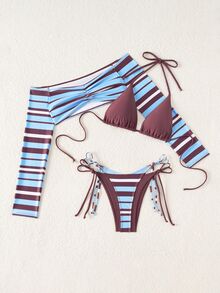 Sirith Women's New Striped Print Viral 3 PiecesSwimsuit Set, Fashionable Sexy Beach Holiday Casual 3 PiecesSwimwear Set (Random Print) - Multicolor - View 5