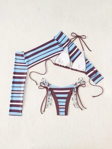 Sirith Women's New Striped Print Viral 3 PiecesSwimsuit Set, Fashionable Sexy Beach Holiday Casual 3 PiecesSwimwear Set (Random Print) - Multicolor - View 3