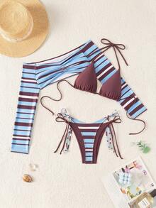 Sirith Women's New Striped Print Viral 3 PiecesSwimsuit Set, Fashionable Sexy Beach Holiday Casual 3 PiecesSwimwear Set (Random Print) - Multicolor - View 4