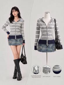 StreetHx Striped Pattern Zip Up Hooded Cardigan - Multicolor - View 4