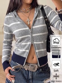 StreetHx Striped Pattern Zip Up Hooded Cardigan - Multicolor - View 1