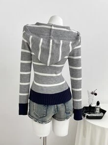 StreetHx Striped Pattern Zip Up Hooded Cardigan - Multicolor - View 2