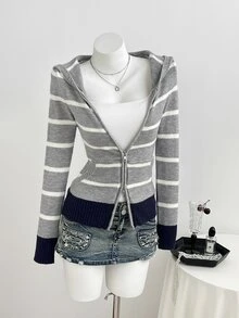 StreetHx Striped Pattern Zip Up Hooded Cardigan - Multicolor - View 6