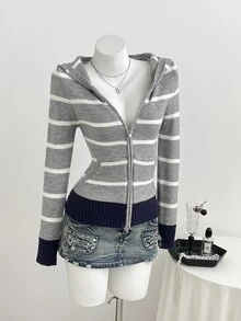 StreetHx Striped Pattern Zip Up Hooded Cardigan - Multicolor - View 7