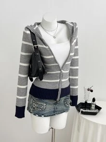 StreetHx Striped Pattern Zip Up Hooded Cardigan - Multicolor - View 5