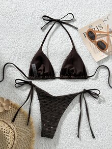 Costavie 2-Piece Bikini Set, Spring/Summer Beach Vacation, Solid Color Sequin Textured Fabric, Halter Triangle Cup Top And Side Tie Bikini Bottom, Sexy Bikini Set - Coffee Brown - View 2