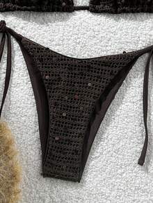 Costavie 2-Piece Bikini Set, Spring/Summer Beach Vacation, Solid Color Sequin Textured Fabric, Halter Triangle Cup Top And Side Tie Bikini Bottom, Sexy Bikini Set - Coffee Brown - View 9