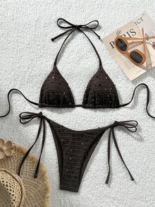 Costavie 2-Piece Bikini Set, Spring/Summer Beach Vacation, Solid Color Sequin Textured Fabric, Halter Triangle Cup Top And Side Tie Bikini Bottom, Sexy Bikini Set - Coffee Brown - View 7