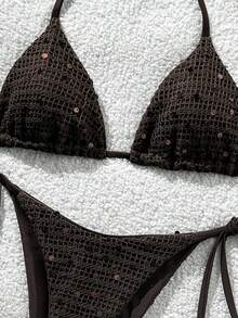Costavie 2-Piece Bikini Set, Spring/Summer Beach Vacation, Solid Color Sequin Textured Fabric, Halter Triangle Cup Top And Side Tie Bikini Bottom, Sexy Bikini Set - Coffee Brown - View 6