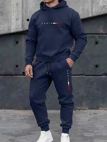 NEOREFINED 2pcs Men Paris Slogan Graphic Print Casual Sweatshirt And Sweatpants Set, Fall/Winter Men Clothes - Navy Blue - View 2