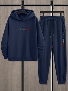 NEOREFINED 2pcs Men Paris Slogan Graphic Print Casual Sweatshirt And Sweatpants Set, Fall/Winter Men Clothes - Navy Blue - View 3