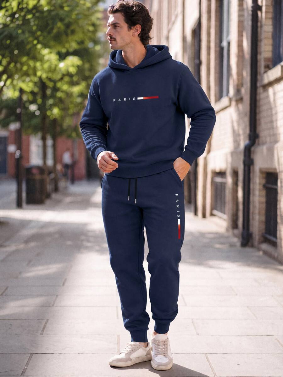 NEOREFINED 2pcs Men Paris Slogan Graphic Print Casual Sweatshirt And Sweatpants Set, Fall/Winter Men Clothes - Navy Blue - View 1