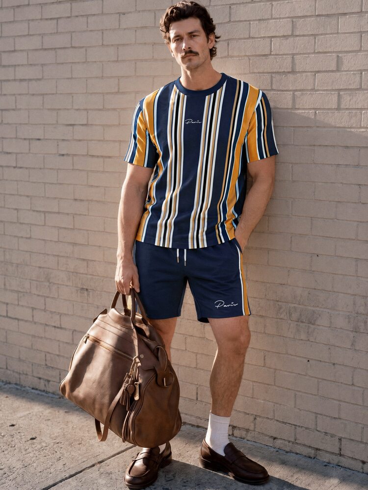 NEOREFINED Men's Navy Contrast Stripe Short Sleeve Set,Letter Print Round Neck T-Shirt & Drawstring Shorts,Navy Blue,Summer,Casual,Streetwear,Vacation,Holiday - Multicolor - View 1