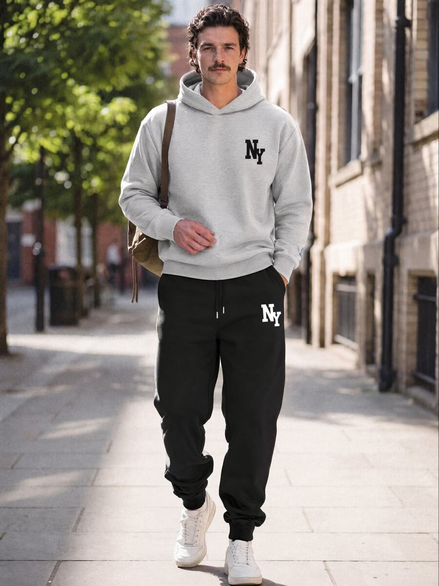 Manfinity Homme 2pcs Men's NY Letter Print Casual Minimalist Commuter Sweatshirt And Sweatpants Set, Autumn/Winter, Thermal Lined - Multicolor - View 1