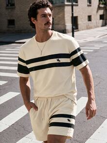 NEOREFINED Men's Casual Classic Striped Horse Print T-Shirt & Shorts Set, Holiday - Multicolor - View 1