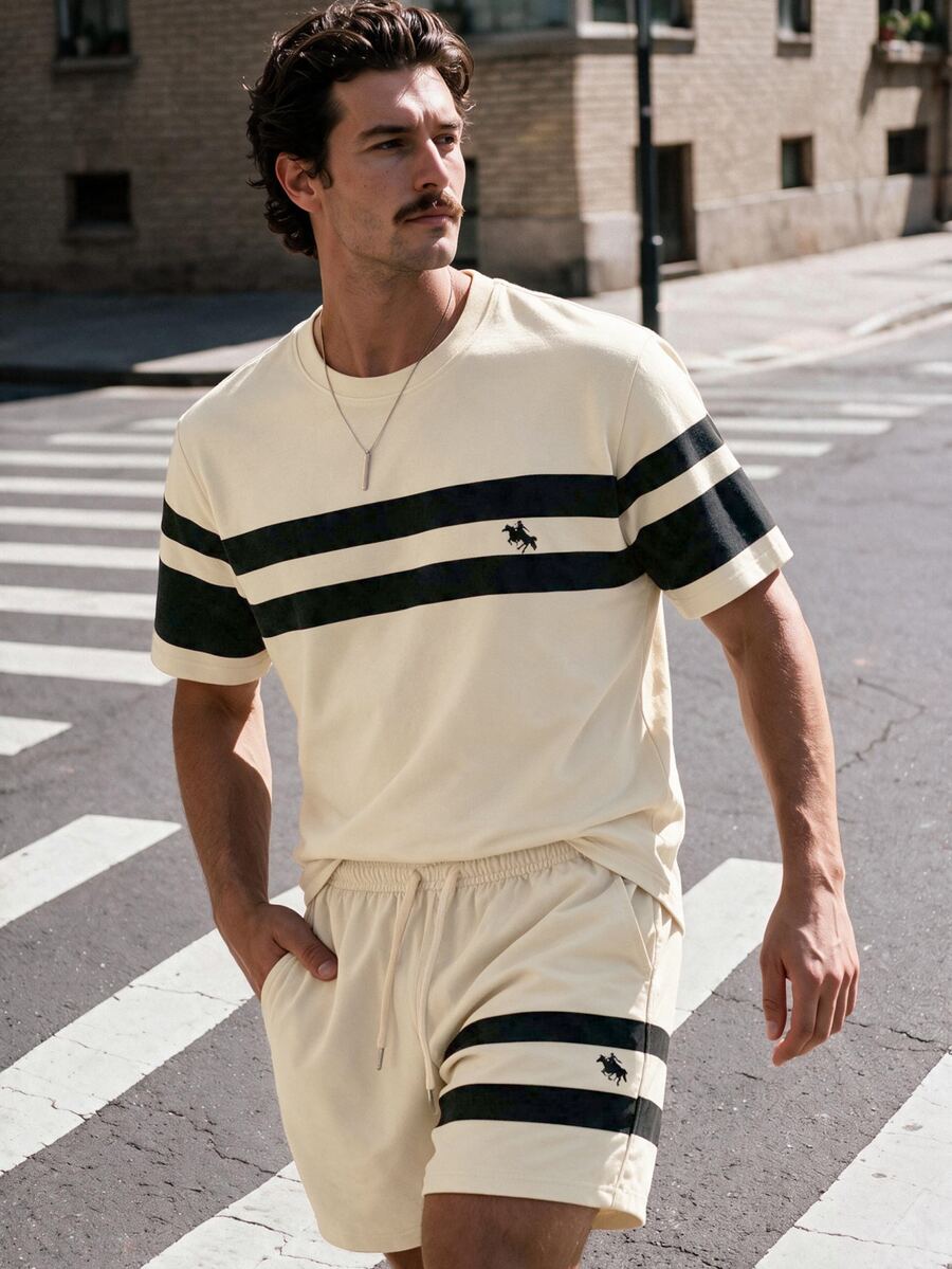 NEOREFINED Men's Casual Classic Striped Horse Print T-Shirt & Shorts Set, Holiday - Multicolor - View 1