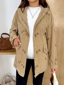 SHEIN Maternity Floral Embroidered Zipper Front Hooded 3-In-1 Jacket Fall - Brown - View 6