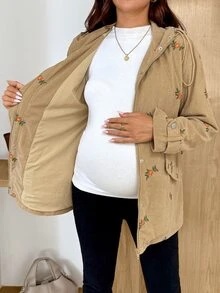 SHEIN Maternity Floral Embroidered Zipper Front Hooded 3-In-1 Jacket Fall - Brown - View 12
