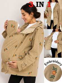 SHEIN Maternity Floral Embroidered Zipper Front Hooded 3-In-1 Jacket Fall - Brown - View 4
