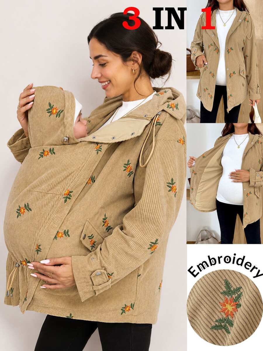 SHEIN Maternity Floral Embroidered Zipper Front Hooded 3-In-1 Jacket Fall