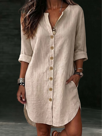 Balvessa Casual Vacation Daily Wear Loose Fit Shirt Dress With Pockets, Can Be Worn As Shacket, Home, Country, Old Money Style For Women
