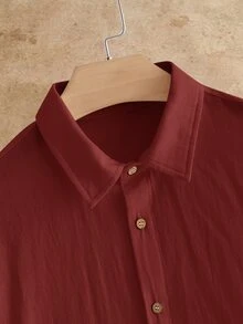 HIMLAND Kemeja Pria Polos Kasual Serbaguna untuk Pemakaian Sehari-hari - Burgundy - View 5