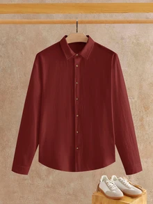 HIMLAND Kemeja Pria Polos Kasual Serbaguna untuk Pemakaian Sehari-hari - Burgundy - View 2