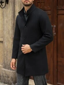 Manfinity Mode 男士純色休閒大衣，口袋設計，適合日常通勤，也是送給男友和丈夫的理想禮物 - 黑色 - 查看 4